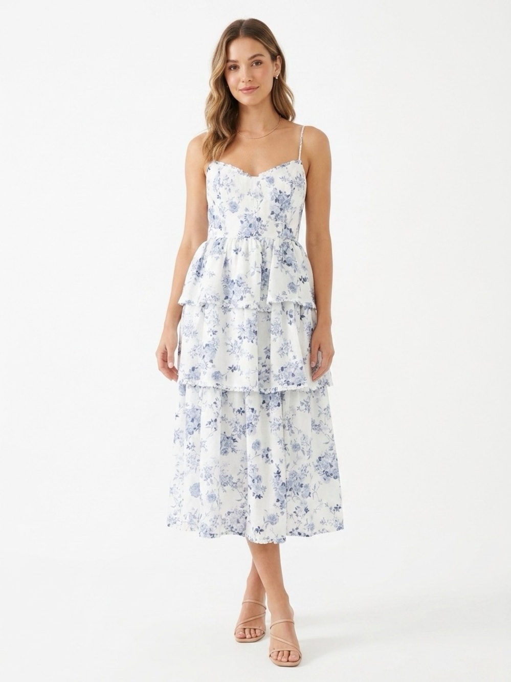 House of Harlow teared sleeveless midi floral dress white blue linen Sz L ruffle